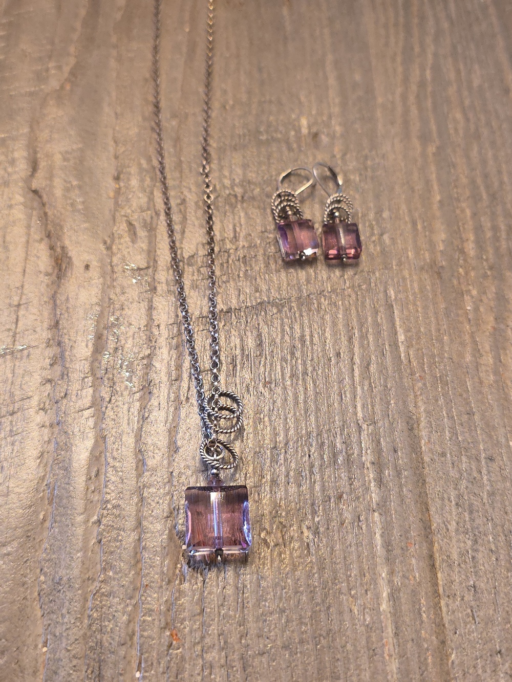 Delicate Purple Sterling Silver Necklace and Earring Set - Women's Jewelry
